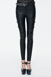 Black Sexy rivets coarse grain leather adjusted loops skinny Womens Pants